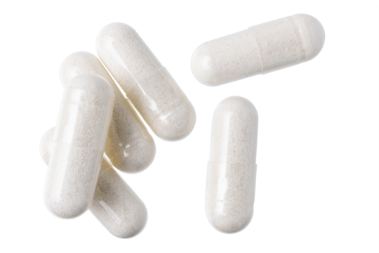 White gel medical capsules, group of vitamin supplement pills or drugs for treatment, isolated on transparent background, medicine and healthcare concept, top view