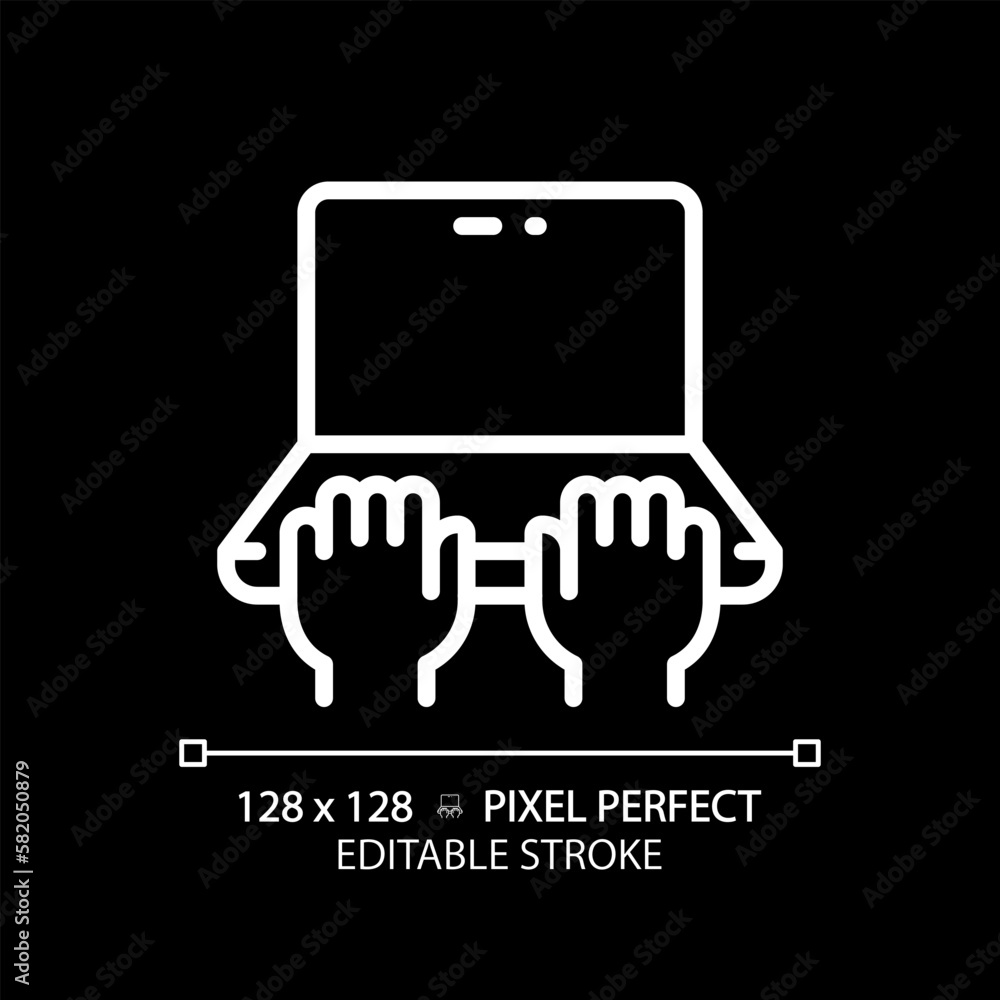 Poster hands with laptop pixel perfect white linear icon for dark theme. person working on notebook compute
