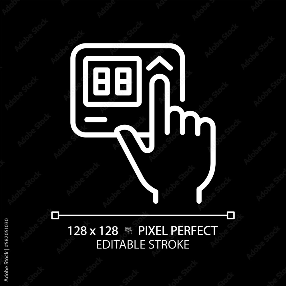 Poster hand with thermostat pixel perfect white linear icon for dark theme. adjusting temperature on contro