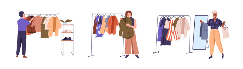 Fototapeta Fashion women choosing modern clothes on hanger rails. Happy people shopping. Outfit, apparel, trendy garments choice in showroom, boutique. Flat vector illustrations isolated on white background obraz