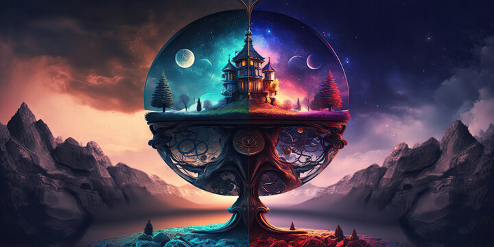 Alternate reality in a parallel universe, inside a fantasy globe, Generative AI