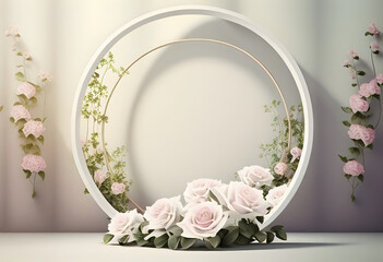 Round white wooden picture frame on white with empty space for text and framed with roses, generative AI.