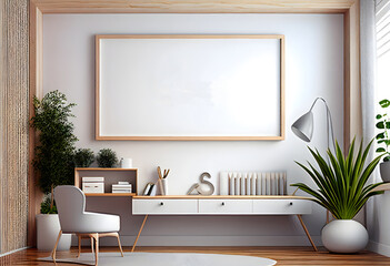 White picture frame on white concrete wall with copy space or place for poster in living room, AI generative content.