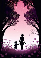 Obraz na płótnie Canvas A Silhouette of a Mother and Child Holding Hands and Walking in a Park Surrounded by Blooming Flowers