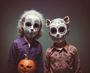 Children in scary Halloween masks with pumpkins. Generative AI