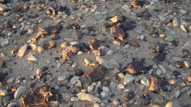 Natural rocks, volcanic rock on the bottom of the crater Makhtesh Gadol, in the south of Israel,  Negev desert.