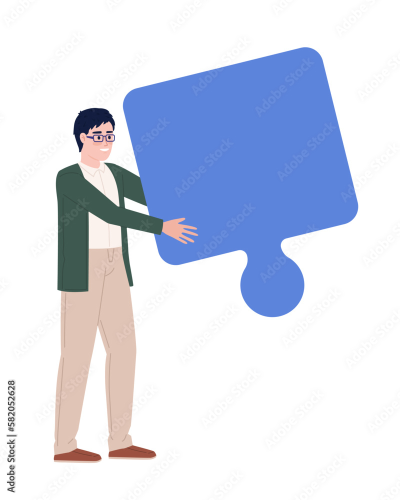 Poster smiling man with jigsaw puzzle piece flat concept vector spot illustration. editable 2d cartoon char