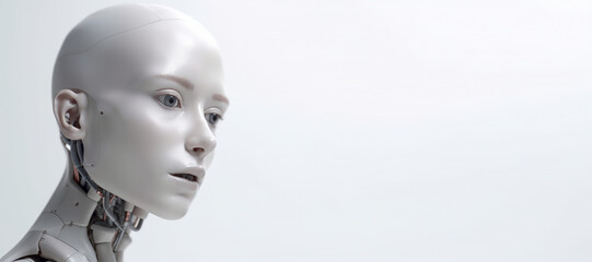 Futuristic AI Android robot. Beautiful female woman cyborg banner copy space. Chat GPT chatbot. Generative AI.