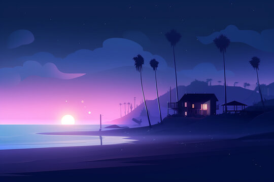 beach at night, light in California, minimalistic. generative ai