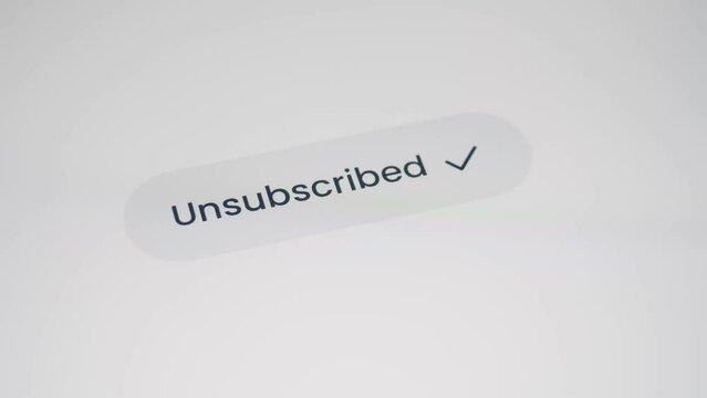 Woman pressing unsubscribe button. Social media concept.