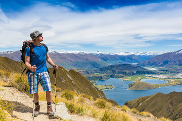 hiker looking at the horizon. Wanaka lake. New Zealand