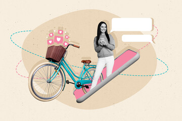 Photo collage artwork minimal picture of smiling funky lady texting gadget riding bike isolated...