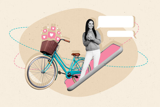 Photo collage artwork minimal picture of smiling funky lady texting gadget riding bike isolated drawing background