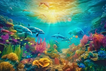 Fototapeta na wymiar Enchanting Underwater World with Dolphins in Vibrant Coral Reef, AI-Generated