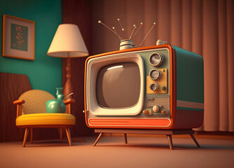 Retro television from the fifties in an old living room. Generative AI