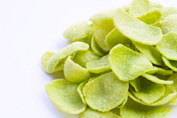 Prawn crackers on white background. Shrimp crispy rice snack
