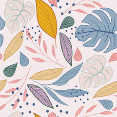 Seamless pattern with plants in trendy soft colors vector background
