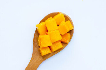 Tropical fruit, Mango cube slices on white background.