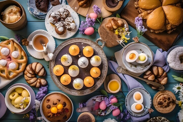 Fototapeta premium Top view illustration of Easter sunday breakfast with different food, painted eggs and Easter decoration. Generative AI