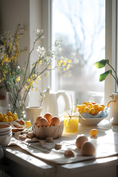 Illustration of Easter sunday brunch near the window. Easter morning with food, painted eggs and flowers. Generative AI