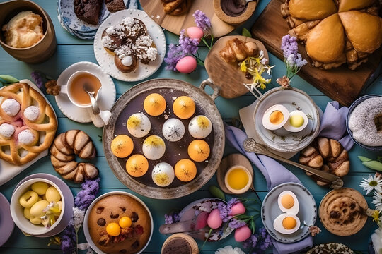 Top view illustration of Easter sunday breakfast with different food, painted eggs and Easter decoration. Generative AI