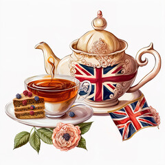 english afternoon tea isolated on white. clipart. generated by AI - obrazy, fototapety, plakaty