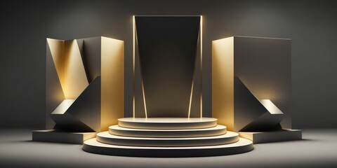 Black stage podium with gold elements and spotlight
