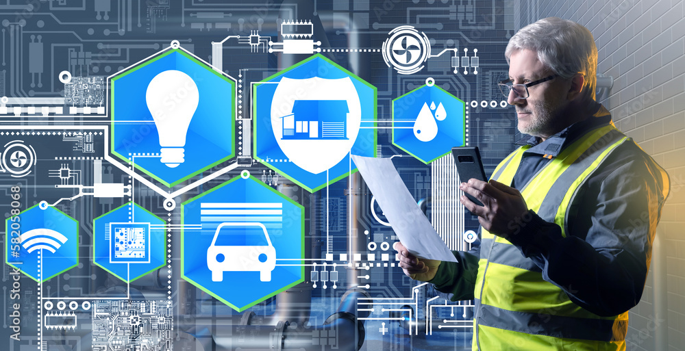 Poster engineer of smart house. internet things symbols. man with smartphone. integration technology smart 