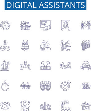 Digital assistants line icons signs set. Design collection of Virtual, Assistants, Digital, Siri, Alexa, Cortana, Bixby, Google outline concept vector illustrations