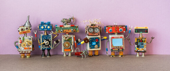 Six toy robots and small dog. Creative design metal copper silver texture characters lined up in a row. A group of robots of different height, color, style and material - 582058865