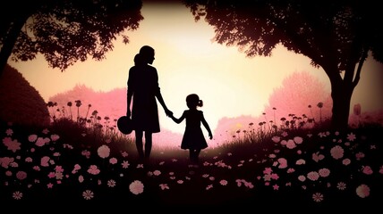 Fototapeta na wymiar A Silhouette of a Mother and Child Holding Hands and Walking in a Park Surrounded by Blooming Flowers