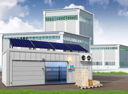 Cooling chamber for factory. Industrial zone in sunny weather. Cooling chamber near boxes. Open freezer container. Cooling chamber with solar panels on roof. Industrial equipment. 3d image