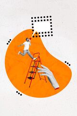 Collage 3d pinup pop retro sketch image of funky funny guy screaming bullhorn rising ladder isolated painting background