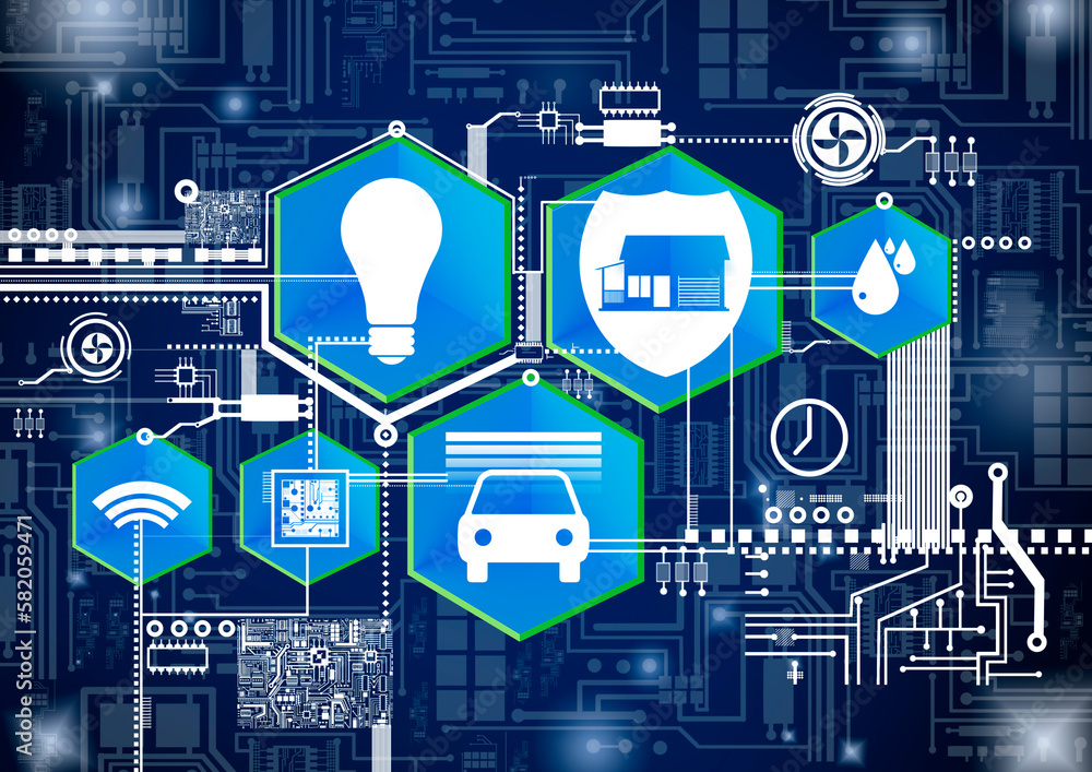 Poster iot technology. internet of things background. smart house. iot symbols on blue. removing smart hous