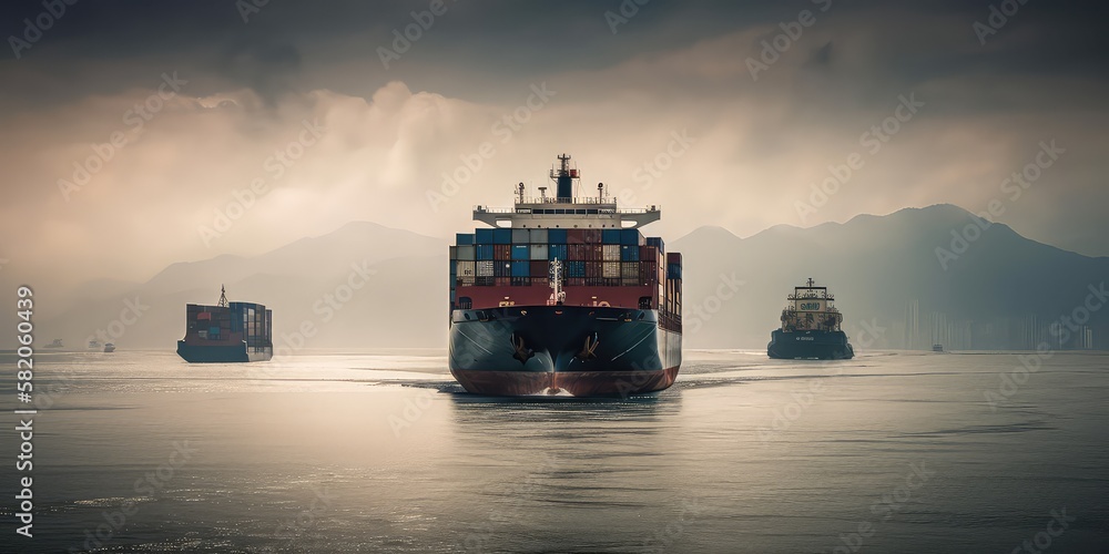 Poster container ship loading and unloading. aerial view. panoramic shot. generative ai