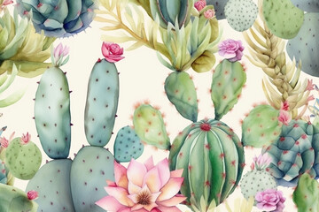 Watercolor seamless border cactus pattern. generative ai 