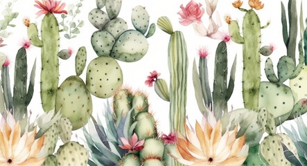 Watercolor seamless border cactus pattern. generative ai 