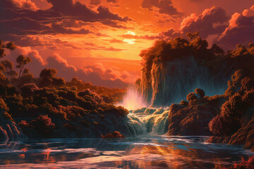 waterfall and sunset. generative ai