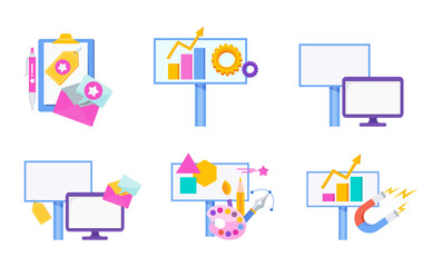 Advertising and promotion icons set. Promotion strategy. Digital Marketing.