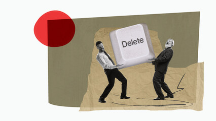 Contemporary art collage. Creative design. Two men, business partners carrying heavy keyboard button of delete. Overcoming difficulties. Business, symbolism, modern technologies, imagination concept