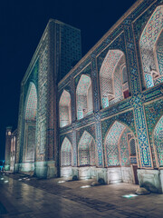 Registan complex at night/ Persian and islamic architecture mosque interior at the ancient Silk Road city of Samarkand, Uzbekistan