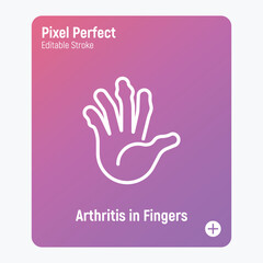 Arthritis in fingers thin line icon. Inflammation in joints. Osteoarthritis. Pixel perfect, editable stroke. Vector illustration.