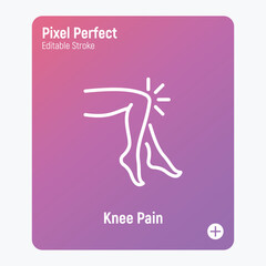 Knee pain, arthritis symptom thin line icon. Joint inflammation. Pixel perfect, editable stroke. Vector illustration.