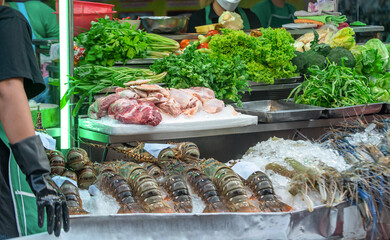 Fresh big quality seafoods ready to serve in China town Bangkok Thailand