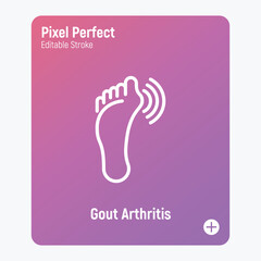 Gout arthritis on foot, joint inflammation thin line icon. Osteoarthritis. Pixel perfect, editable stroke. Vector illustration.