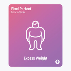 Obesity, excess weight thin line icon. Overweight, unhealthy body, dieting. Chubby man. Pixel perfect, editable stroke. Vector illustration.