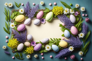 Fototapeta na wymiar Background with Easter Eggs and Flowers on an a Frame border. Empty space. Generative AI