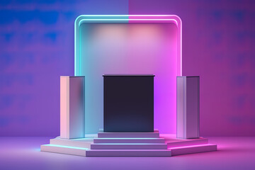 Realistic 3D podium with neon light and pastel color for product display. Created with Generative AI Technology	