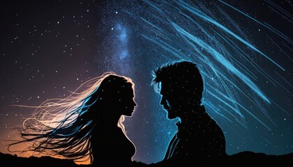 Love couple heads silhouettes in night sky with beautiful galaxy star trails, sincere true love of two persons souls, starry sky background with lovers faces, love of man and woman, generative AI - obrazy, fototapety, plakaty