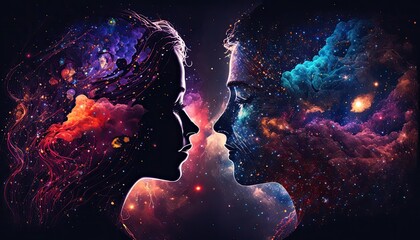 Love couple heads colorful silhouettes in night sky with beautiful galaxy stars sincere true love of two persons souls multicolored nebula in shape of lovers faces, love of man and woman generative AI